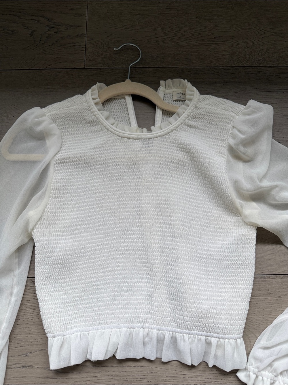 WILFRED Sheer-Sleeve White Textured Blouse with Ruffle Hem - Picture 6 of 6